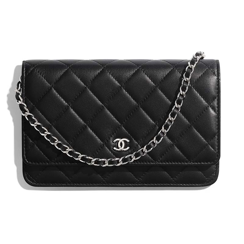 Chanel Quilted Wallet on Chain WOC Black Lambskin Silver Hardware