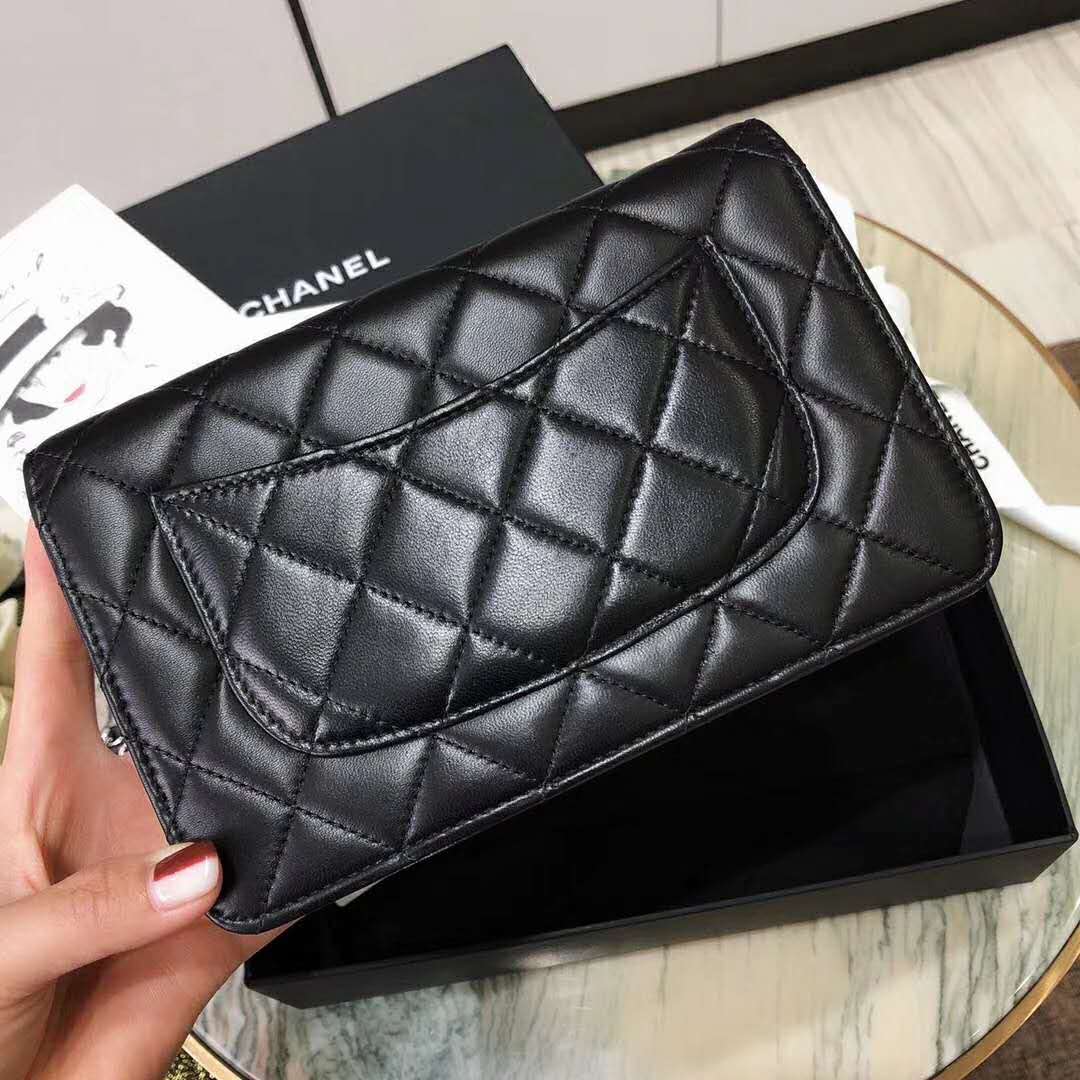 Chanel Classic Wallet On Chain Black Lambskin Silver Hardware