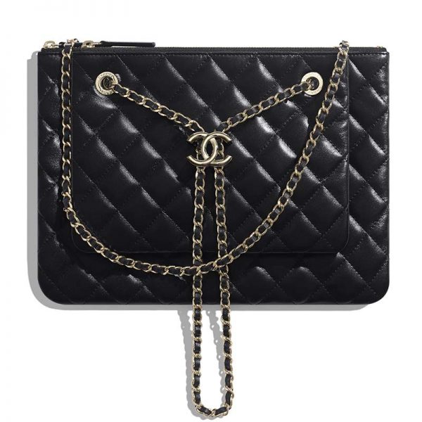 Chanel Women Clutch with Chain in Shiny Lambskin Leather-Black