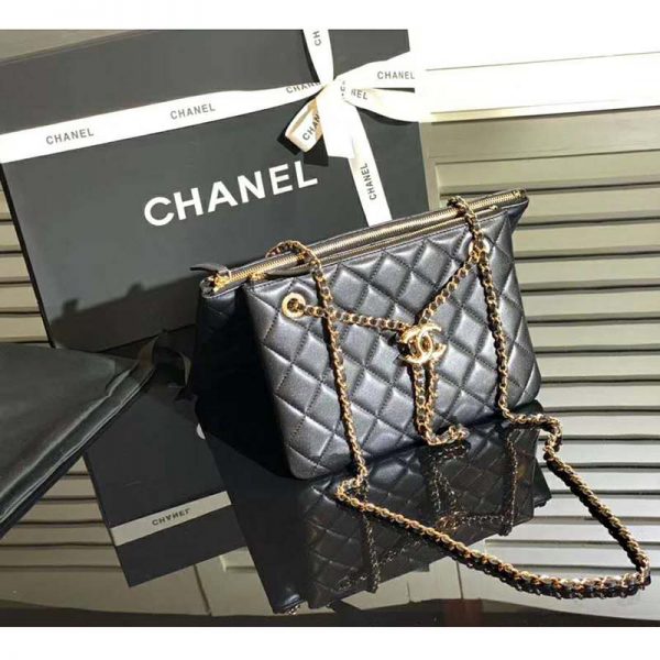 Chanel Women Clutch with Chain in Shiny Lambskin Leather-Black (4)