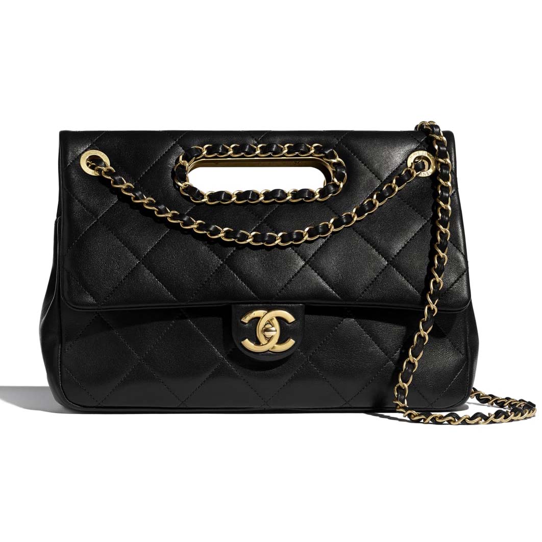 Small flap bag, Lambskin & gold-tone metal, black — Fashion