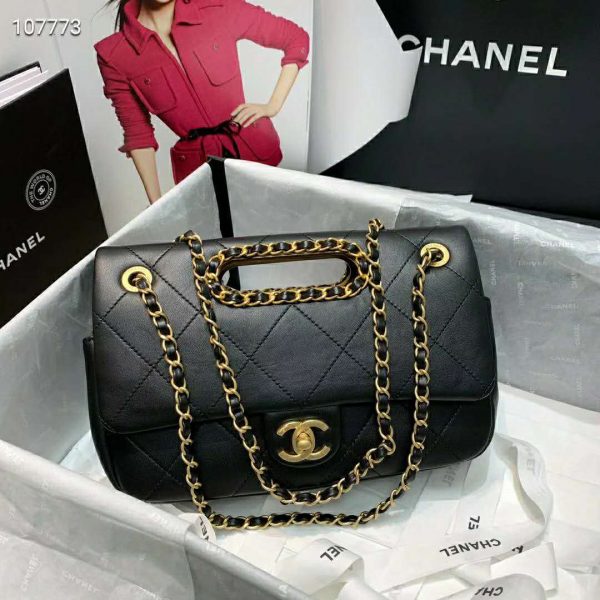 Chanel Women Flap Bag Lambskin Leather Gold-Tone Metal-Black (5)