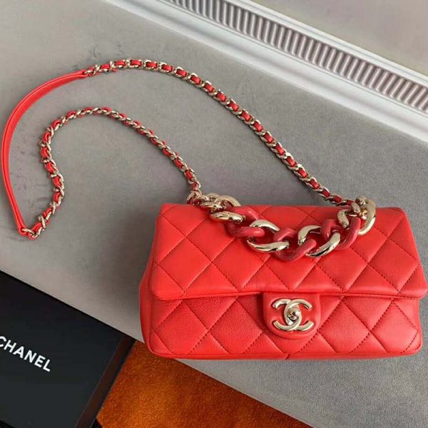 Chanel Women Flap Bag Lambskin Resin & Gold-Tone Metal-Red (10)