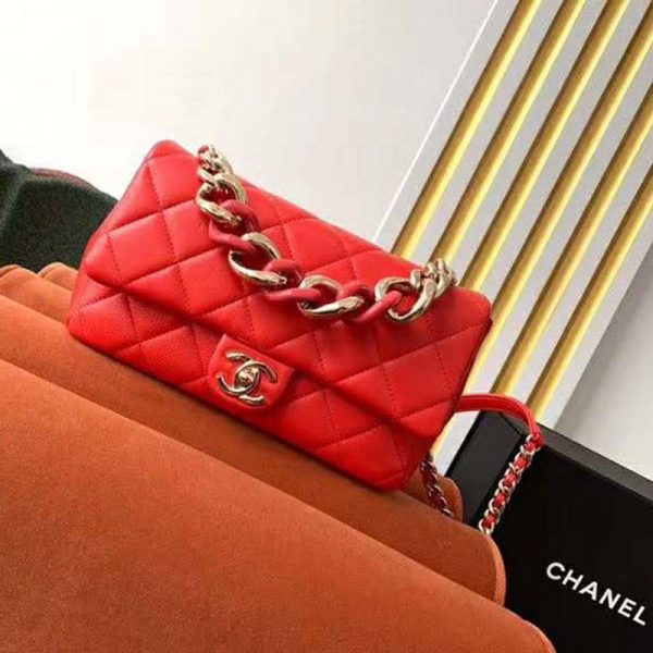 Chanel Women Flap Bag Lambskin Resin & Gold-Tone Metal-Red (8)