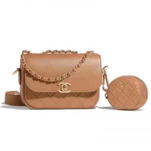 Chanel Women Flap Bag and Coin Purse Calfskin Leather-Brown