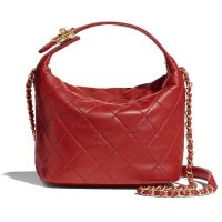 Chanel Women Hobo Bag in Lambskin Leather Gold Metal-Red (1)