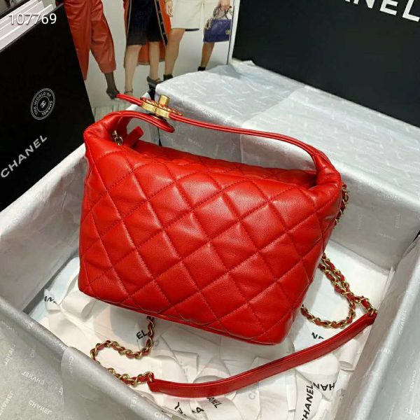 Chanel Women Hobo Bag in Lambskin Leather Gold Metal-Red (6)