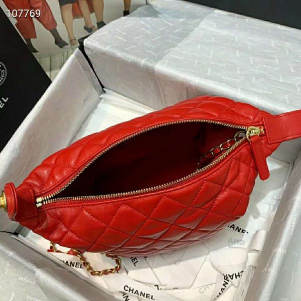Chanel Women Hobo Bag in Lambskin Leather Gold Metal-Red (9)