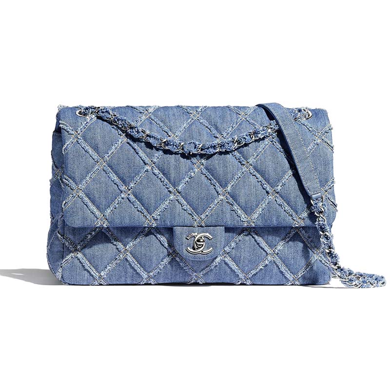 Chanel Women Large Flap Bag Denim & Silver-Tone Metal-Blue - LULUX