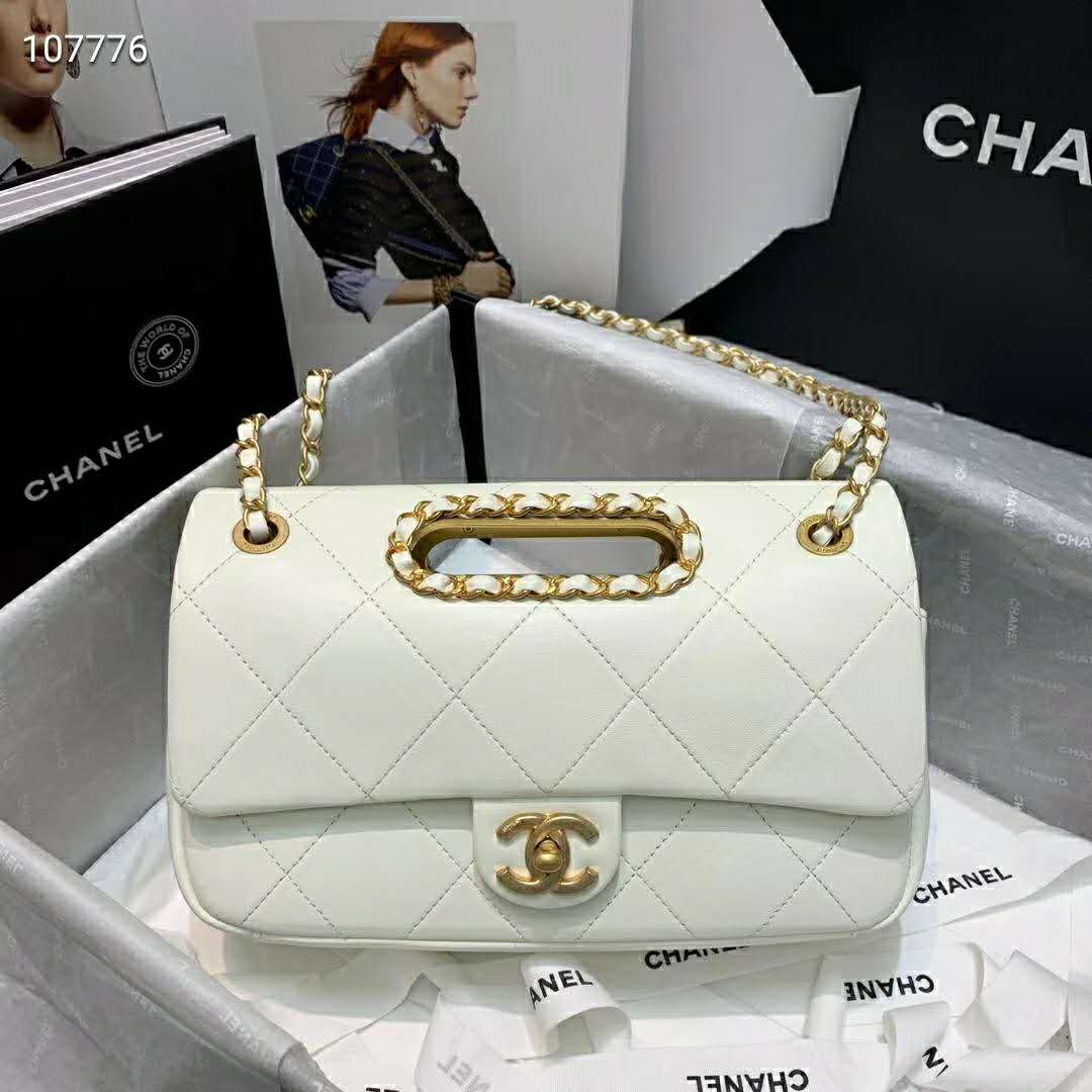 Chanel Women Small Flap Bag in Lambskin Leather-White - LULUX