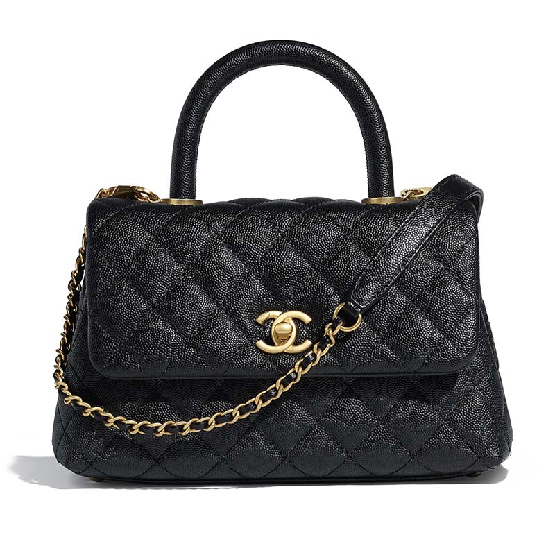 Chanel Women Small Flap Bag with Top Handle Grained Calfskin-Black - LULUX