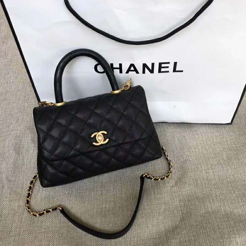 Chanel Women Small Flap Bag with Top Handle Grained Calfskin-Black - LULUX