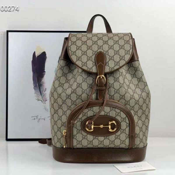 Gucci GG Unisex Gucci 1955 Horsebit Backpack BeigeEbony Supreme Canvas (2)