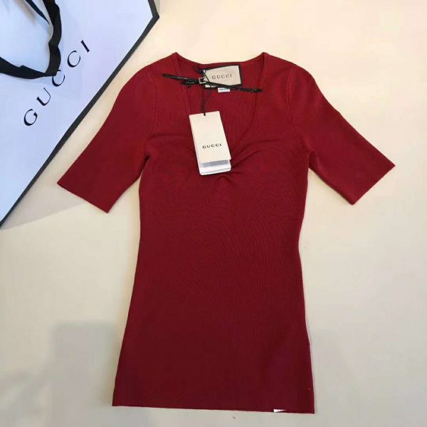 Gucci GG Women Fine Viscose V-Neck Short Sleeve Top-Red (6)