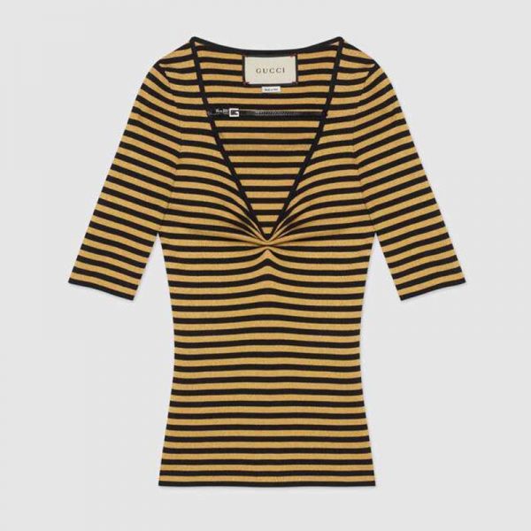 Gucci GG Women Fine Viscose V-Neck Short Sleeve Top-Yellow