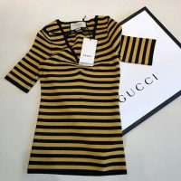 Gucci GG Women Fine Viscose V-Neck Short Sleeve Top-Yellow