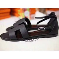 Hermes Women Santorini Sandal in Epsom Calfskin-Black