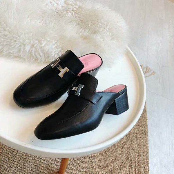 Hermes Women Shoes Paradis Mule 40mm Heel-Black (2)