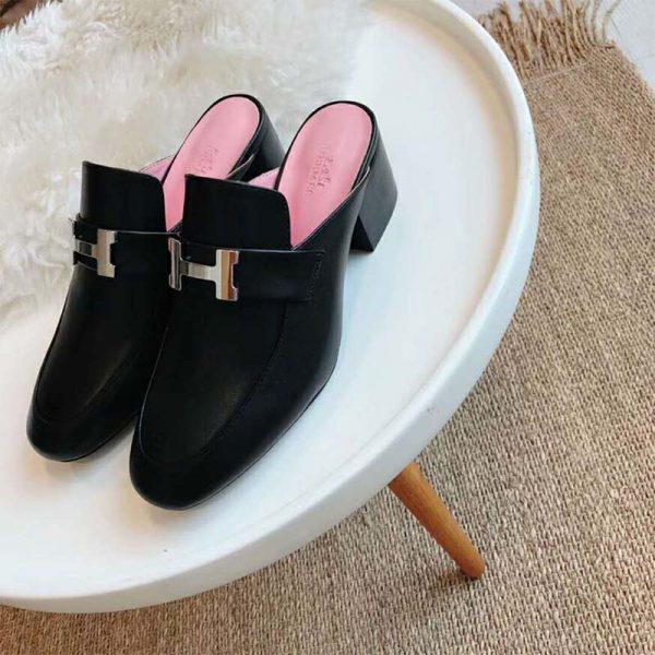 Hermes Women Shoes Paradis Mule 40mm Heel-Black (3)