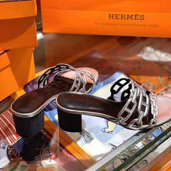 Hermes Women Tandem Sandal in Nappa Leather 5.1cm Heel-Silver (11)