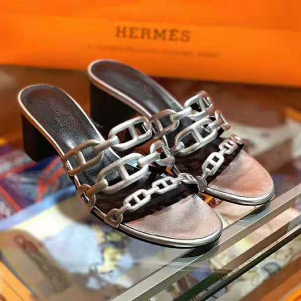 Hermes Women Tandem Sandal in Nappa Leather 5.1cm Heel-Silver (12)