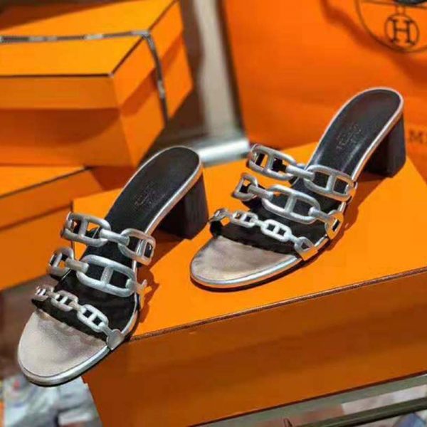 Hermes Women Tandem Sandal in Nappa Leather 5.1cm Heel-Silver (15)