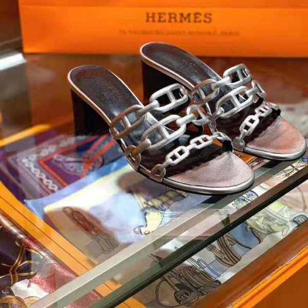 Hermes Women Tandem Sandal in Nappa Leather 5.1cm Heel-Silver (6)
