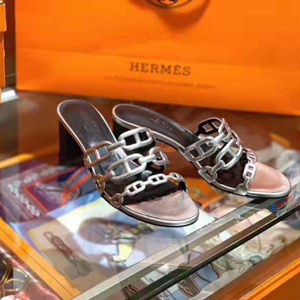 Hermes Women Tandem Sandal in Nappa Leather 5.1cm Heel-Silver (7)