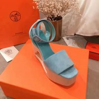 Hermes Women Tendresse Sandal Suede Goatskin Hollow Wooden Wedge 7.1cm-Aqua