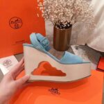 Hermes Women Tendresse Sandal Suede Goatskin Hollow Wooden Wedge 7.1cm-Aqua - Imagen 6