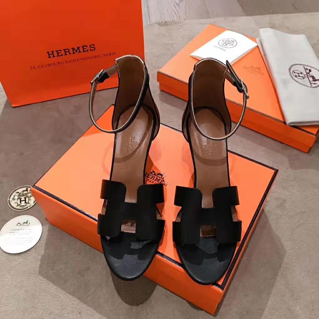 Hermes Women Legend Sandal Calfskin Iconic “H” 7.5 cm Heel-Black