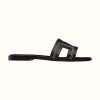 Hermes Women Oran Sandal Calfskin Stitched Detail Iconic "H"-Black