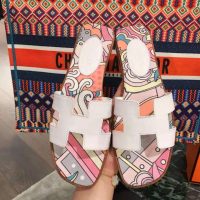 Hermes Women Oran Sandal Cotton Canvas “Faubourg Rainbow” Print-White