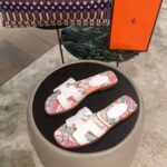 Hermes Women Oran Sandal Cotton Canvas "Faubourg Rainbow" Print-White - Image 4