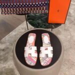 Hermes Women Oran Sandal Cotton Canvas "Faubourg Rainbow" Print-White - Image 2
