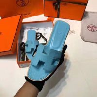 Hermes Women Oran Sandal Patent Calfskin Iconic “H”-Aqua