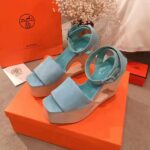 Hermes Women Tendresse Sandal Suede Goatskin Hollow Wooden Wedge 7.1cm-Aqua - Imagen 4
