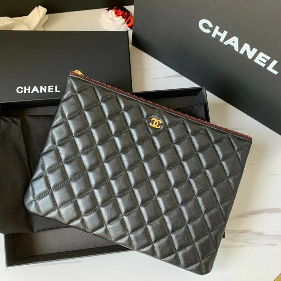 CHANEL-Chanel Classic Zipper 27cm Pouch Black with Gold Tone Metal A82545