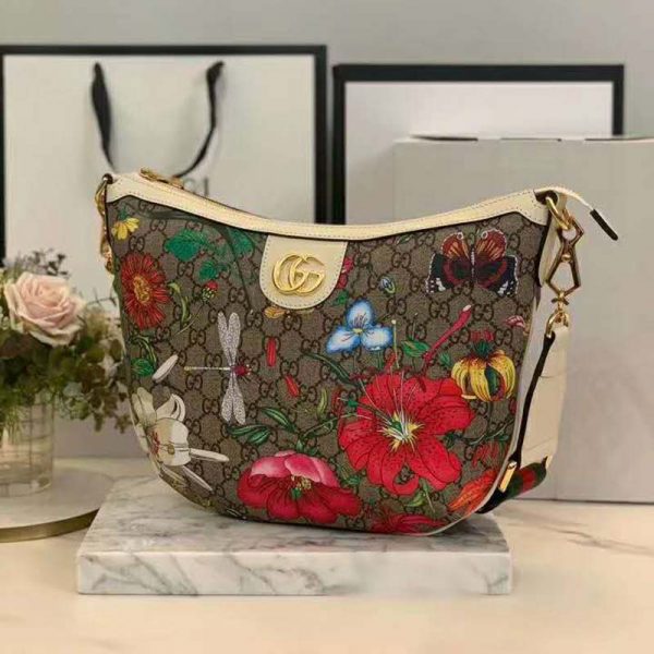 Gucci GG Women GG Flora Shoulder Bag BeigeEbony Supreme Canvas (10)