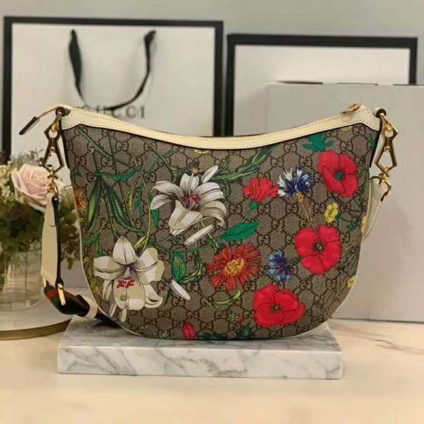 Gucci GG Women GG Flora Shoulder Bag BeigeEbony Supreme Canvas (9)