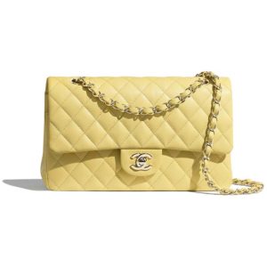 Chanel Women Classic Handbag in Grained Calfskin Leather-Yellow