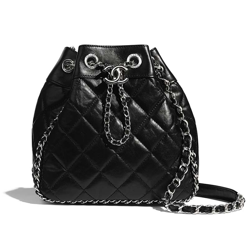 Chanel Women Drawstring Bag Aged Calfskin & Silver-Tone Metal-Black - LULUX