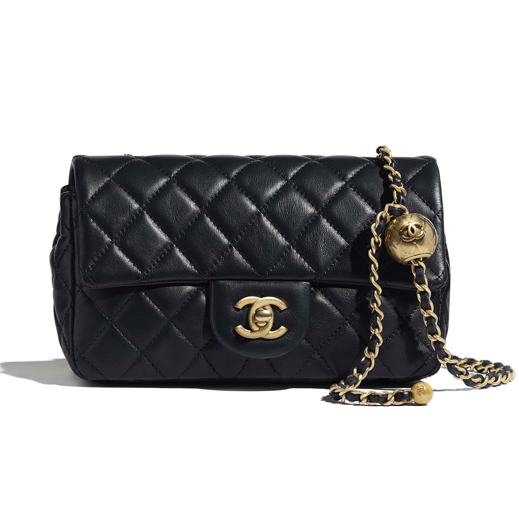 Mini flap bag, Lambskin, patent calfskin & gold-tone metal, black — Fashion