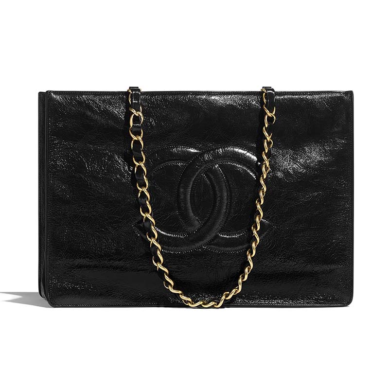 Mini shopping bag, Shiny aged calfskin & gold-tone metal, black — Fashion