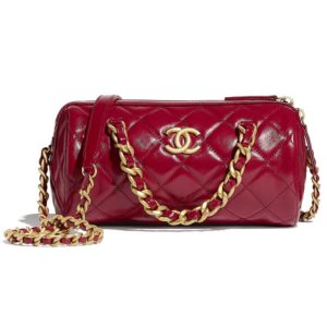 Chanel Women Small Bowling Bag Shiny Lambskin & Gold-Tone Metal-Red