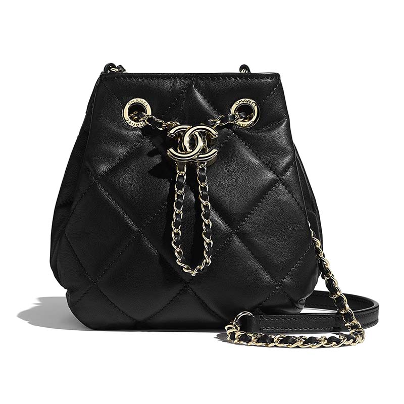 Chanel Women Small Drawstring Bag Lambskin & Gold-Tone Metal-Black - LULUX