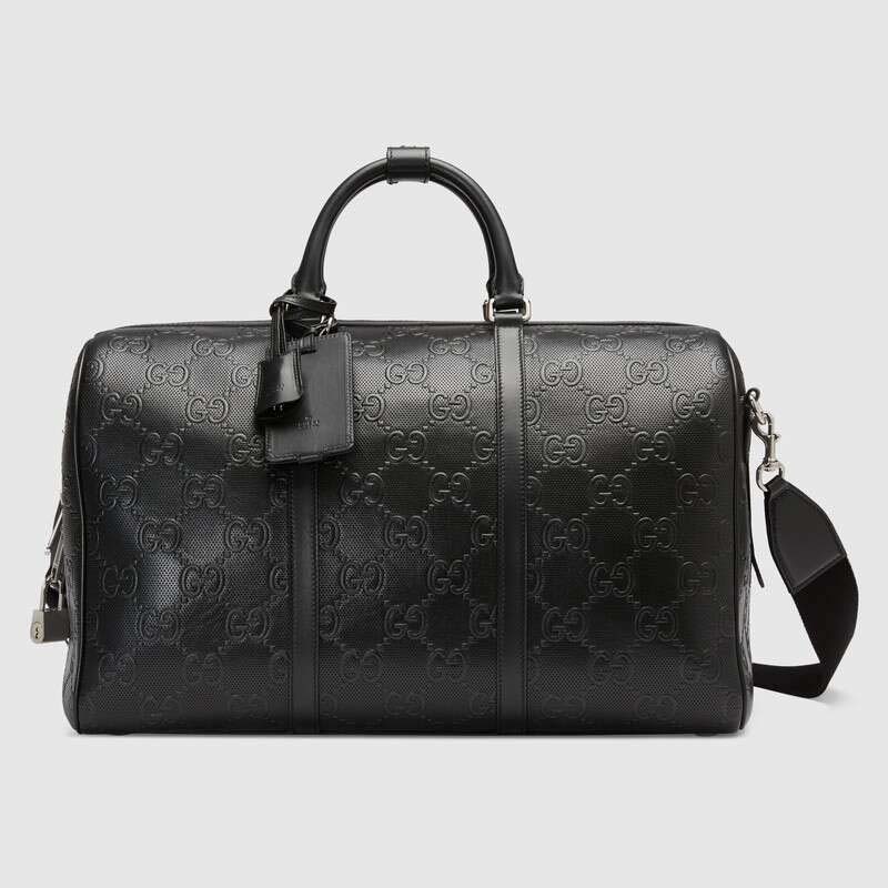Gucci GG Unisex GG Embossed Duffle Bag Black Embossed Leather - LULUX