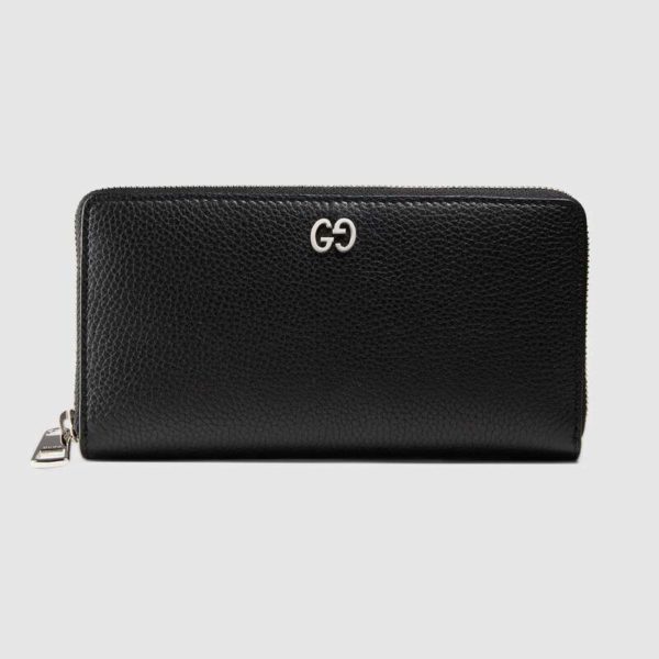 Gucci GG Unisex Leather Zip Around Wallet Black Metal GG