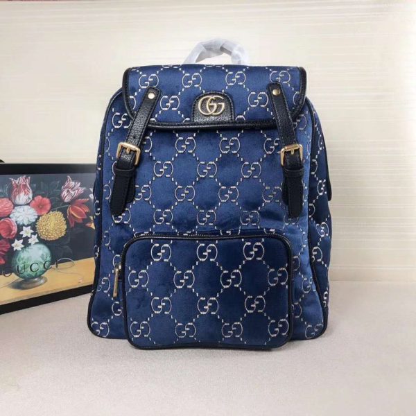 Gucci GG Unisex Small GG Velvet Backpack Blue Beige GG Velvet (3)