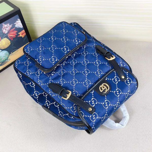 Gucci GG Unisex Small GG Velvet Backpack Blue Beige GG Velvet (7)